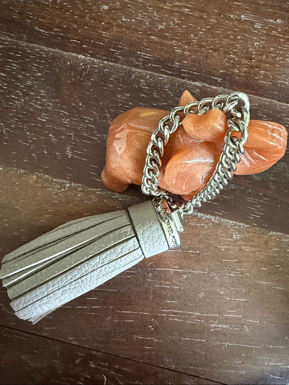 Michael Kors Light Gray Leather Tassel Keychain with Silver Hardware